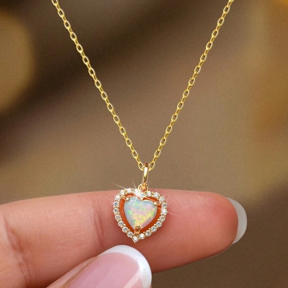925 Sterling Silver Gold Plated Cubic Zirconia Opal Heart Necklace - Picture 2 of 6